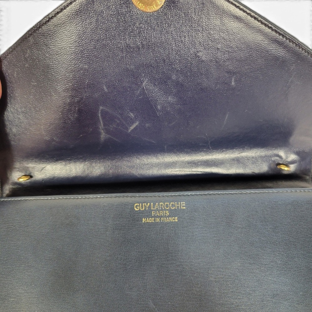 Vintage 1980s Guy Laroche Envelope Bag Navy Blue Leather Crossbody Made In Franc - Picture 9 of 13